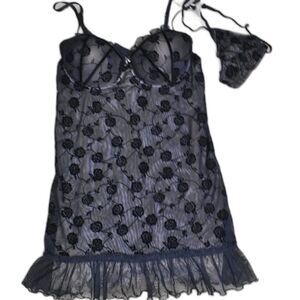 In Bloom by Jonquil Black Rose Floral Lingerie Set Chemise & Thong Large New